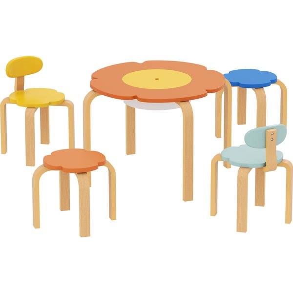 AIYAPLAY Kindertisch Holz mit 4 Stühlen 5-teilig Kindersitzgruppe mit integriertem Stauraum, blumenförmige Kindermöbel Kinder Tisch Stuhl Set Sitzgruppe für Kinderzimmer, für 3-8 Jahre Kinder, Bunt Aosom