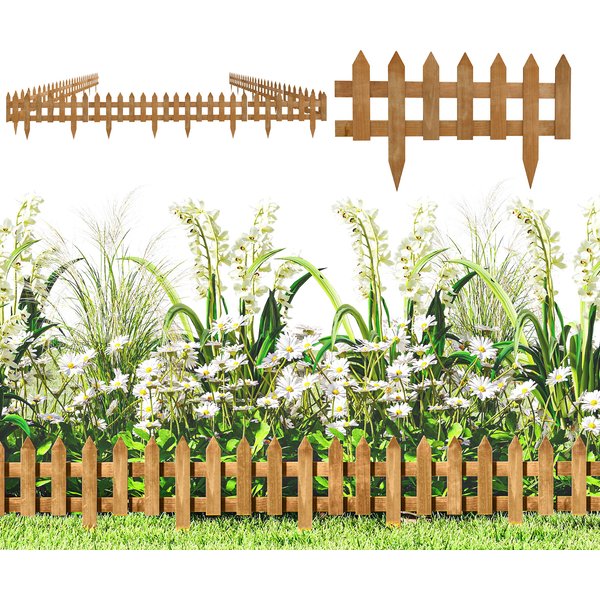 Outsunny 60L x 1D x 34H cm Pack of 12 Wooden Border Fences, Garden Fixed Picket Fence for Lawn Edging, Flowerbed, Brown Aosom UK