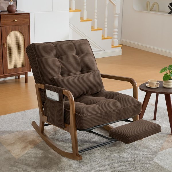 Cozy Rocking Chair with Adjustable Footrest and Side Pocket, Soft Corduroy Glider Armchair for Nursery, 92L x 80W x 70H cm, Coffee Aosom UK