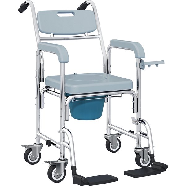 HOMCOM Rolling Shower Wheelchair for Seniors, Bedside Commode Chair with Locking Wheels, Seat, Backrest, Arms, Grey