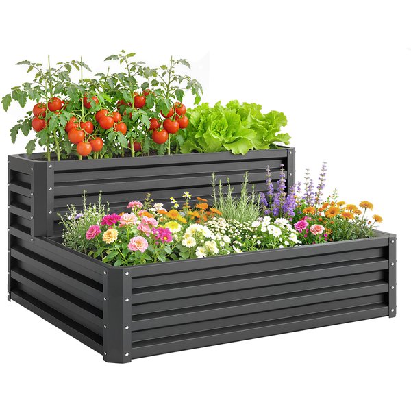 Outsunny Carré Potager De Jardin Pot De Fleur Fond Ouvert 2 éTages Pour Herbes LéGumes Fruits Fleurs 120 X 101 X 58 Cm Gris Foncé Aosom France-image