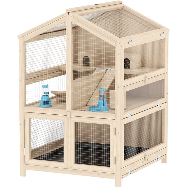 Pawhut Cage Hamster 3 ÉTages En Bois Avec Bac Amovible, Couvercle Ouvrant, Bascule, Cabane, FenêTre, 68X61,5X90Cm, Naturel-image