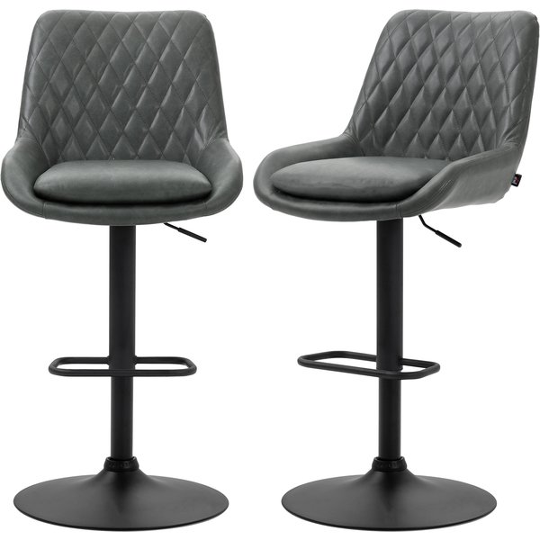 HOMCOM Retro Bar Stools Set of 2, Adjustable Kitchen Stool, Upholstered Bar Chairs with Back, Swivel Seat, Dark Grey