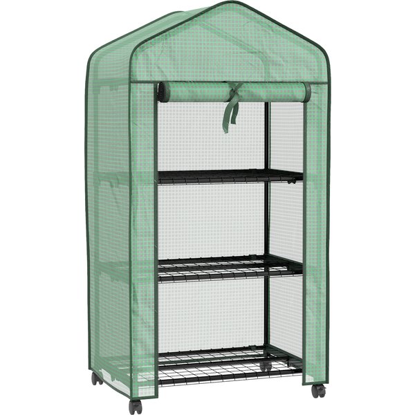 Outsunny Mini Serre De Jardin Avec 3 éTagèRes, BâChe Pe Haute Densité, Porte Enroulable, 4 Roulettes, Dim. 69L X 49L X 130H Cm-image