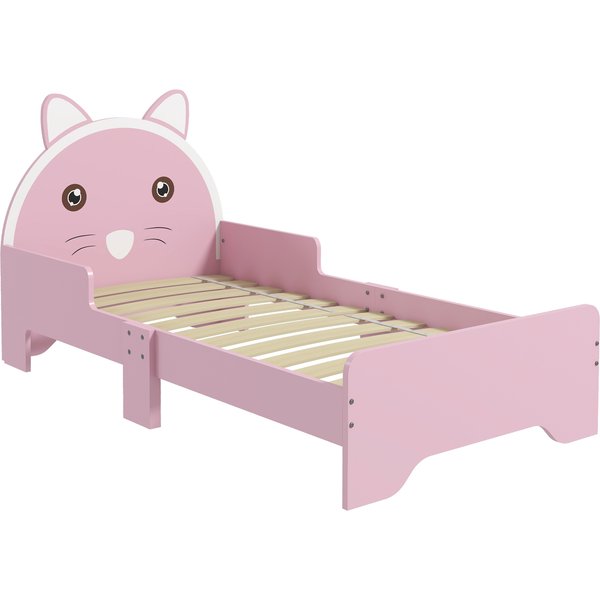 ZONEKIZ Bed for Kids Cat Design Toddler Bed Frame Bedroom Furniture with Guardrails, for 3-6 Years, 143L x 74W x 72Hcm - Pink Aosom UK