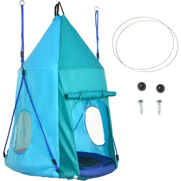 Outsunny Nestschaukel mit Zelt, Ø100 cm Gartenschaukel, Kinderschaukel mit Fenster und längenverstellbaren Seilen, Tellerschaukel für Kinder, wasserdichtes Zelt, bis 150 kg belastbar, Blaugrün Aosom