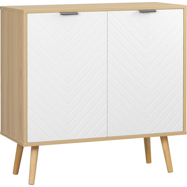 Homcom Buffet Salon, Meuble De Rangement Avec 2 Portes Et éTagèRe RéGlable, 77 X 35 X 77,5 Cm, Blanc Et Bois Naturel-image