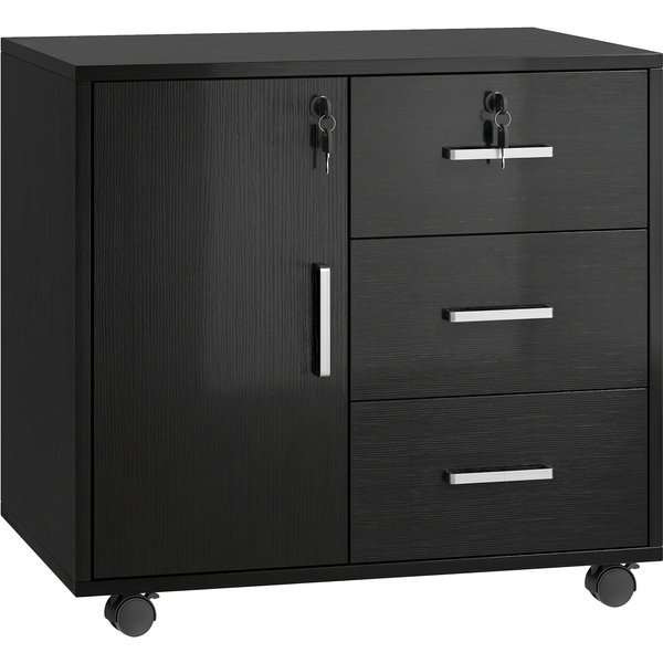 Homcom Caisson Bureau Meuble De Rangement Verrouillable Avec 3 Tiroirs Et éTagèRe RéGlable, Roulettes, 40 X 60 X 56 Cm, Noir-image