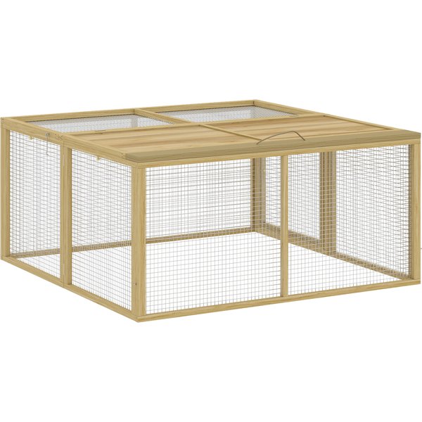 PawHut Kaninchenstall Holz klappbar Kleintierstall Freilaufgehege aufklappbar Dach Meerschweinchen Natur 120x120x57cm Aosom
