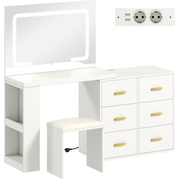 Homcom Coiffeuse Avec Miroir Et Tabouret, Table De Maquillage Avec éClairage Led RéGlable, 6 Tiroirs, 118 X 78 X 135 Cm, Blanc-image