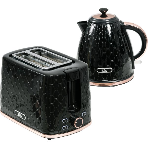 HOMCOM Wasserkocher Toaster Set 2200 W 1,7L Wasserkocher, 2 Scheiben Toaster, 7 Bräunungsstufen, Aufwärmen und Auftauen, Frühstück-Set mit Kalkfilter & Krümelfach UK Otter Thermostat Schwarz Aosom