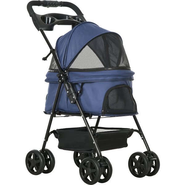 Pawhut Poussette Buggy Pliable Chien Chat Panier Rangement Porte-Gobelets Tissu 300D Oxford ImperméAble 4 Roues Bleu Foncé-image