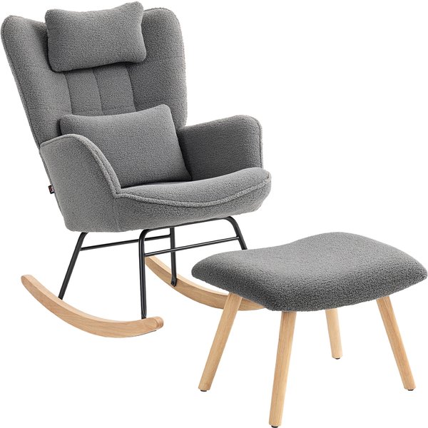 HOMCOM Schaukelstuhl mit Hocker Schaukelsessel Gepolstert Schwingsessel mit Lendenkissen, Kopfstütze, Relaxsessel mit Fleece-Bezug, hoher Rückenlehne Schwingstuhl für Wohnzimmer Dunkelgrau Aosom