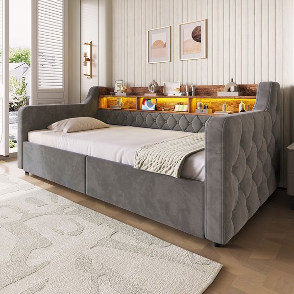 Gomyway Modern Velvet Single Storage Bed with LED Headboard