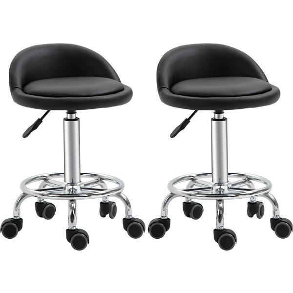 Homcom Lot De 2 Tabouret à Roulette Pivotant 360°, Assise RéGlable 47-62H Cm, Acier Chromé RevêTement SynthéTique Noir-image