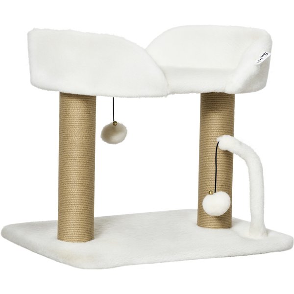 Pawhut Arbre à Chat Avec Jeux, 2 Pompons Suspendus, Poteaux En Sisal, Plateforme Peluche 48X38X42Cm Beige Aosom France-image