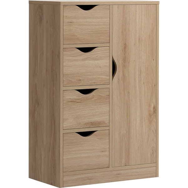 HOMCOM Bathroom Cabinet, Freestanding Storage Cabinet with 4 Drawers, Door Cupboard for Living Room, Kitchen, Bedroom, Natural