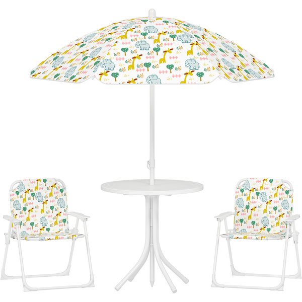 Aiyaplay Ensemble Salon De Jardin ExtéRieur Enfant 4 PièCes, Motif éLéPhant Et Girafe, Parasol RéGlable Ø 100 Cm, Chaise Pliable-image