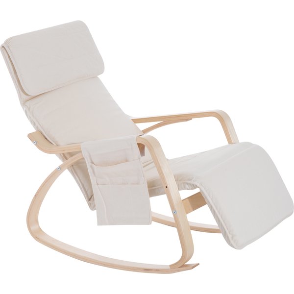 HOMCOM Rocking Lounge Chair Recliner Relaxation Lounging Relaxing Seat with Adjustable Footrest, Side Pocket and Pillow, Cream White Aosom UK