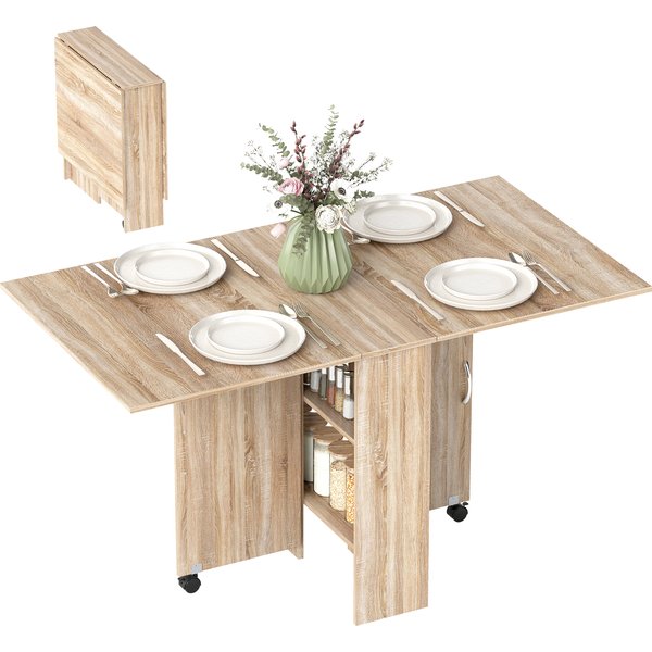 Homcom Table à Manger Table De Cuisine Pliante Mobile Sur Roulettes 2 Plateaux Rabattables Et 2 éTagèRes IntéGréEs 140 X 80 X 74 Cm Naturel-image