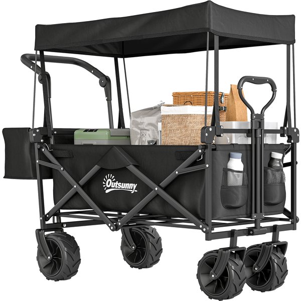 Outsunny Folding Trolley Cart Storage Wagon Beach Trailer 4 Wheels with Handle Overhead Canopy Cart Push Pull for Camping, Black