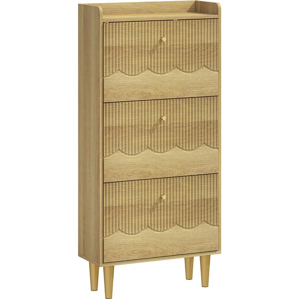 Homcom Meuble à Chaussures 18 Paires, Armoire à Chaussures éTroite, 3 Tiroirs Rabattables éTagèRes RéGlables, 60X24X128Cm, ChêNe-image