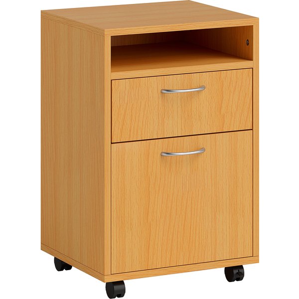 HOMCOM 60cm Filing Cabinet with Drawer, Open Shelf, Metal Handles and 4 Wheels, Office Home Organiser Mobile Printer, Natural Wood Finish