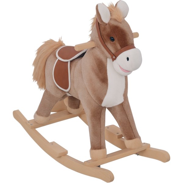 Homcom Cheval à Bascule Animal à Bascule Cheval De Cowboy Selle Grand Confort Peluche Courte Douce Bois Peuplier Marron-image