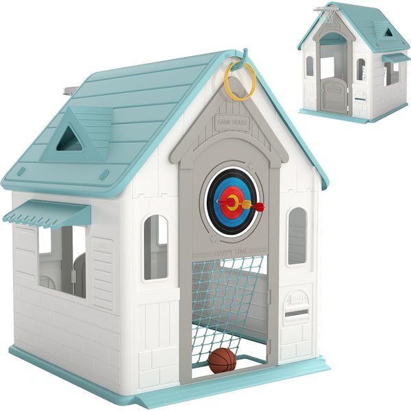 Aiyaplay Cabane Enfant ExtéRieur 5 En 1, Maison Enfant ExtéRieure Avec Panier De Basket, Ballon De Football, 132X118X124Cm, Beige-image