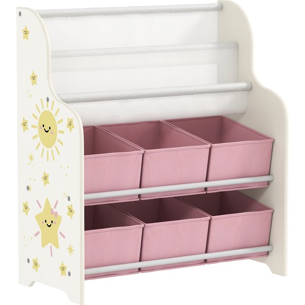 AIYAPLAY Kids Storage Unit, Toy Organiser with 6 Fabric Drawers and 2-Tier Sling Book Rack for Bedroom, Playroom, Nursery, Pink