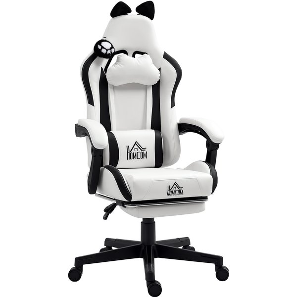 Homcom Chaise Gaming Ergonomique Avec Oreilles De Chat, Fauteuil Gamer Avec Dossier Inclinable, 65 X 62 X 124 Cm, Blanc-image