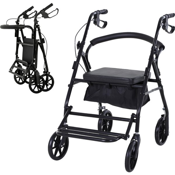 Homcom DéAmbulateur 4 Roues Pliable LéGer SystèMe De Freinage Double PoignéE Ergonomique RéGlable Panier De Rangement Dossier Et SièGe-image