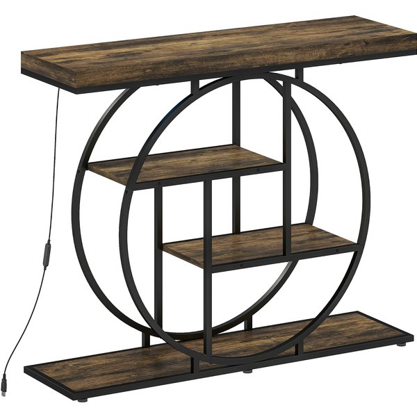 Homcom Console Meuble Avec éClairage LED 100 Cm, Table Console à 4 Niveaux Avec éTagèRes Ouvertes, Marron Rustique Et Noir-image