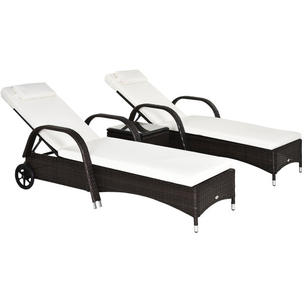 Outsunny 3 Pieces Patio Lounge Chair Set, Garden Wicker Wheeling Recliner Outdoor Daybed, PE Rattan Lounge Chairs w/ Cushions Aosom UK