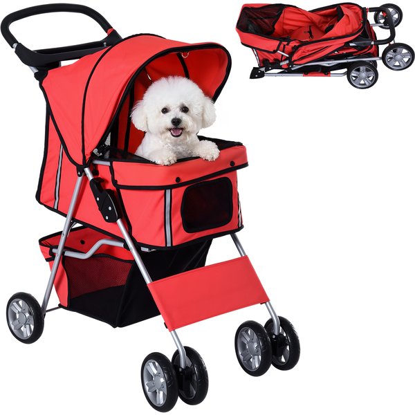 Pawhut Poussette Buggy Pour Animaux Pliante Porte-Gobelet Panier De Rangement Inclus Roues Avec Frein Tissu 600D Oxford Acier 75 X 45 X 97 Cm Rouge-image