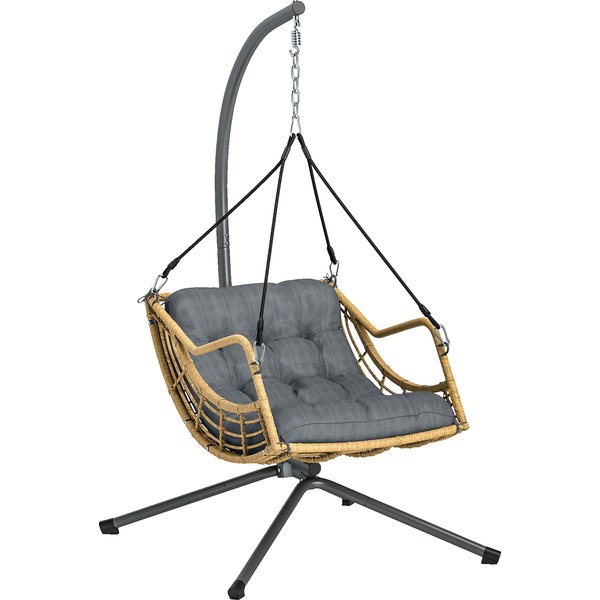 Outsunny Fauteuil Suspendu En RéSine TresséE Avec Support, Chaise Suspendue, Coussin, Attache De SéCurité, Hauteur RéGlable, Gris-image