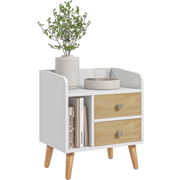 Homcom Table De Chevet Table De Nuit Design Scandinave 2 Tiroirs + Niche Pieds EffiléS InclinéS Bois Massif De Pin 43 X 30 X 49 Cm-image