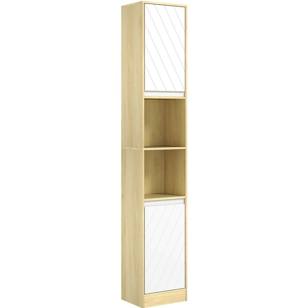 Homcom Meuble Colonne Rangement Salle De Bain Style Cosy 30 X 24 X 170 Cm 2 Portes éTagèRe 2 Niches ChêNe Clair Blanc-image