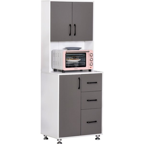 Homcom Armoire De Cuisine Multi-Rangements 2 + 1 Porte 3 Tiroirs + Grand Plateau Dim. 60L X 40L X 150H Cm Bicolore Gris Blanc-image