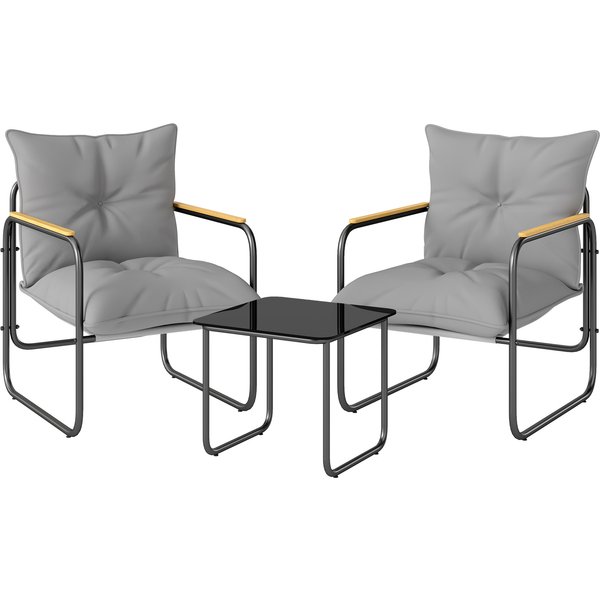 Outsunny Salon De Jardin 3 PièCes, 2 Fauteuils Avec Coussins ÉPais, 1 Table Basse En Verre Trempé, 59X73X72Cm, Gris Foncé-image