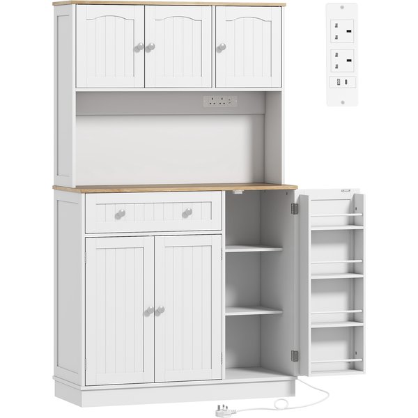 HOMCOM 173 cm Tall Kitchen Cupboard with Charging Station, Pantry Storage Cabinet with Adjustable Shelves and 4 Door Racks