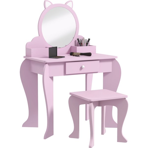 ZONEKIZ Children's Vanity Set with Mirror, Stool, Cat Theme, Drawer, Organiser Boxes for Ages 3-6, Pink Aosom UK