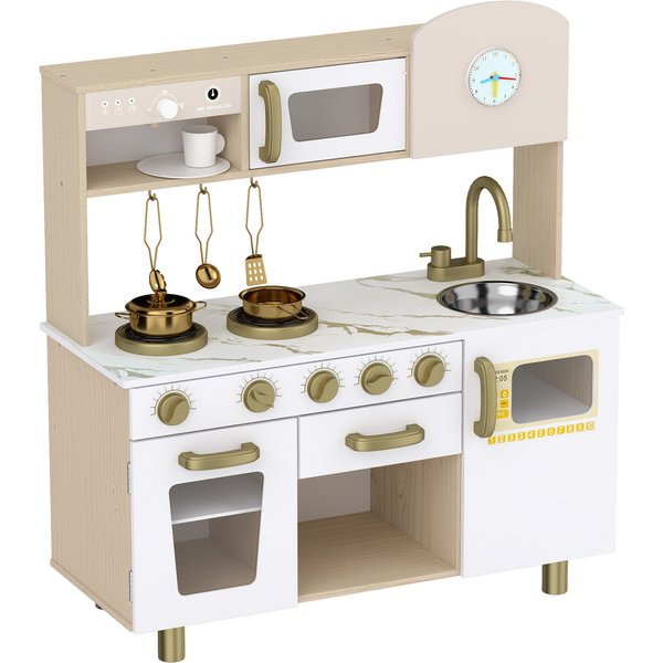 Aiyaplay Cuisine Enfant En Bois, Dinette Cuisine Enfant Avec Ustensiles En Acier Inoxydable, Pour 3 à 6 Ans, 74X29X81Cm, Blanc-image