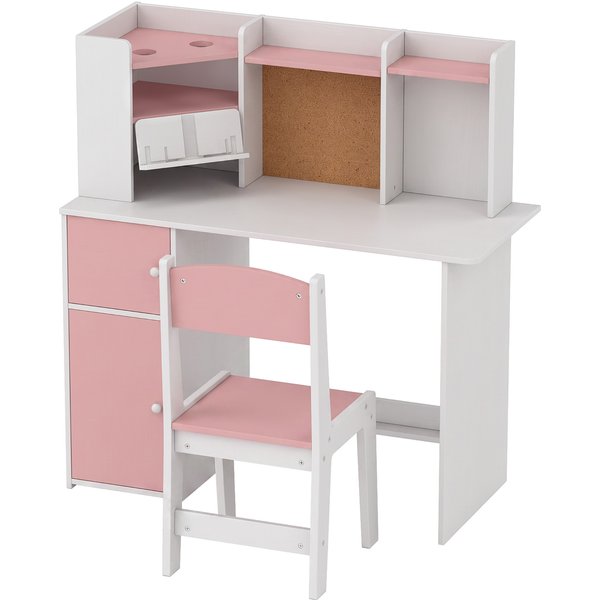 AIYAPLAY Kids Desk and Chair Set Storage Shelves Kids Desk Adjustable Tablet Stand Cork Board Pen Holder Pink