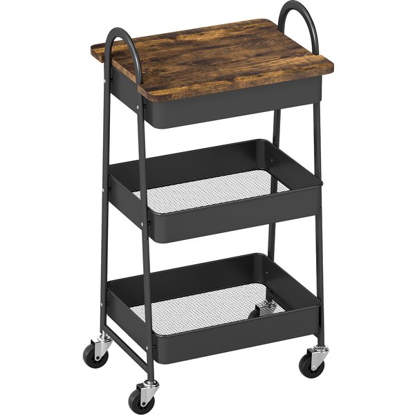 HOMCOM 3-Tier Kitchen Storage Trolley with on Wheels Cover Top Board - Rustic Brown and Black