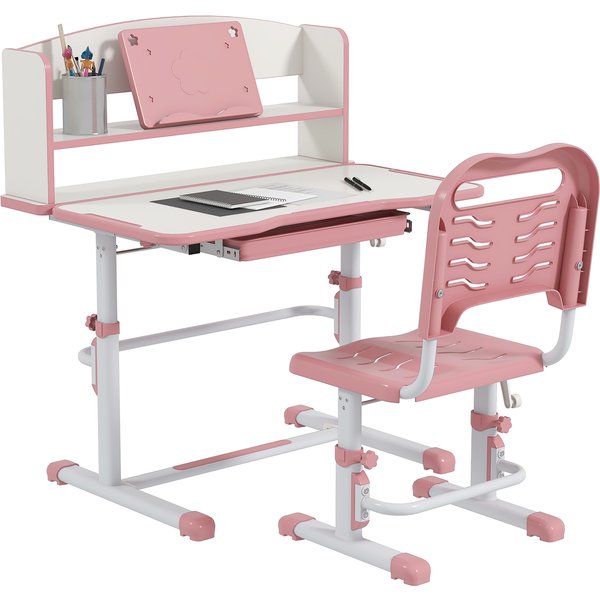ZONEKIZ Height Adjustable Kids Study Table and Chair Set, with Drawer, Storage Shelf, 80 x 54.5 x 104 cm, Pink Aosom UK