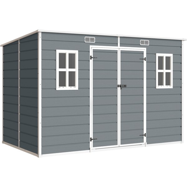 Outsunny 10 x 6 ft Resin Garden Shed, Outdoor Storage Shed with Floor, Windows, Lockable Doors and Vents, Grey