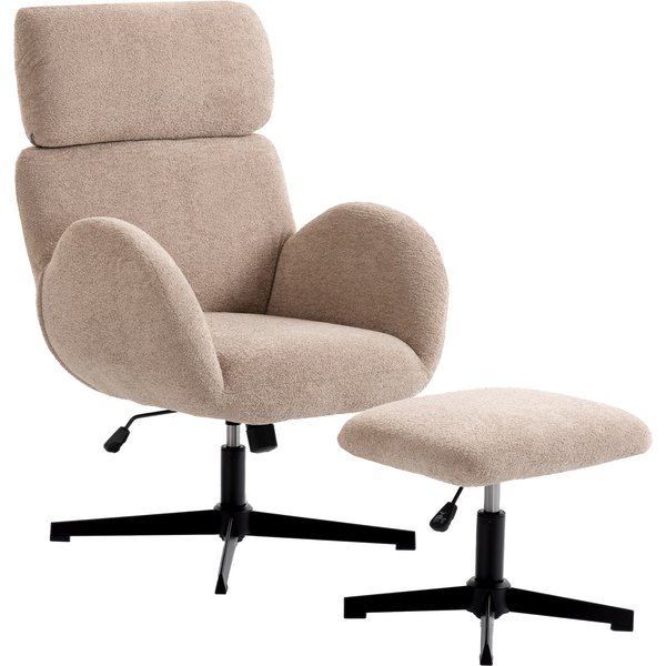 HOMCOM Swivel Armchair and Footstool Set, Height Adjustable Accent Chair with Adjustable Headrest, Rocking Function, Light Brown