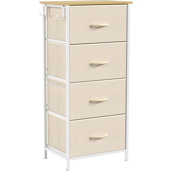 Homcom Commode 4 Tiroirs En Tissu, Meuble De Rangement Avec 4 Poches, 2 Crochets, Structure En Acier, 45 X 30 X 94,5 Cm, Beige-image