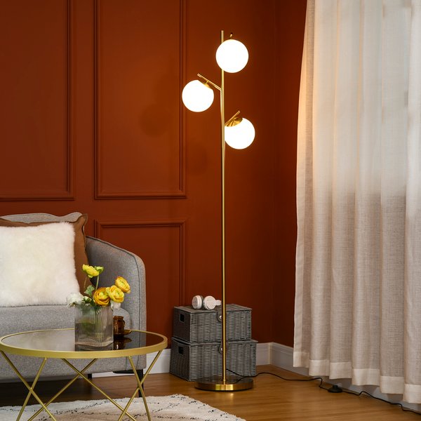HOMCOM 3-Light Tree Floor Lamps for Living Room, Modern Standing Lamp for Bedroom w/ Globe Lampshade, Steel Base, Gold Tone Aosom UK